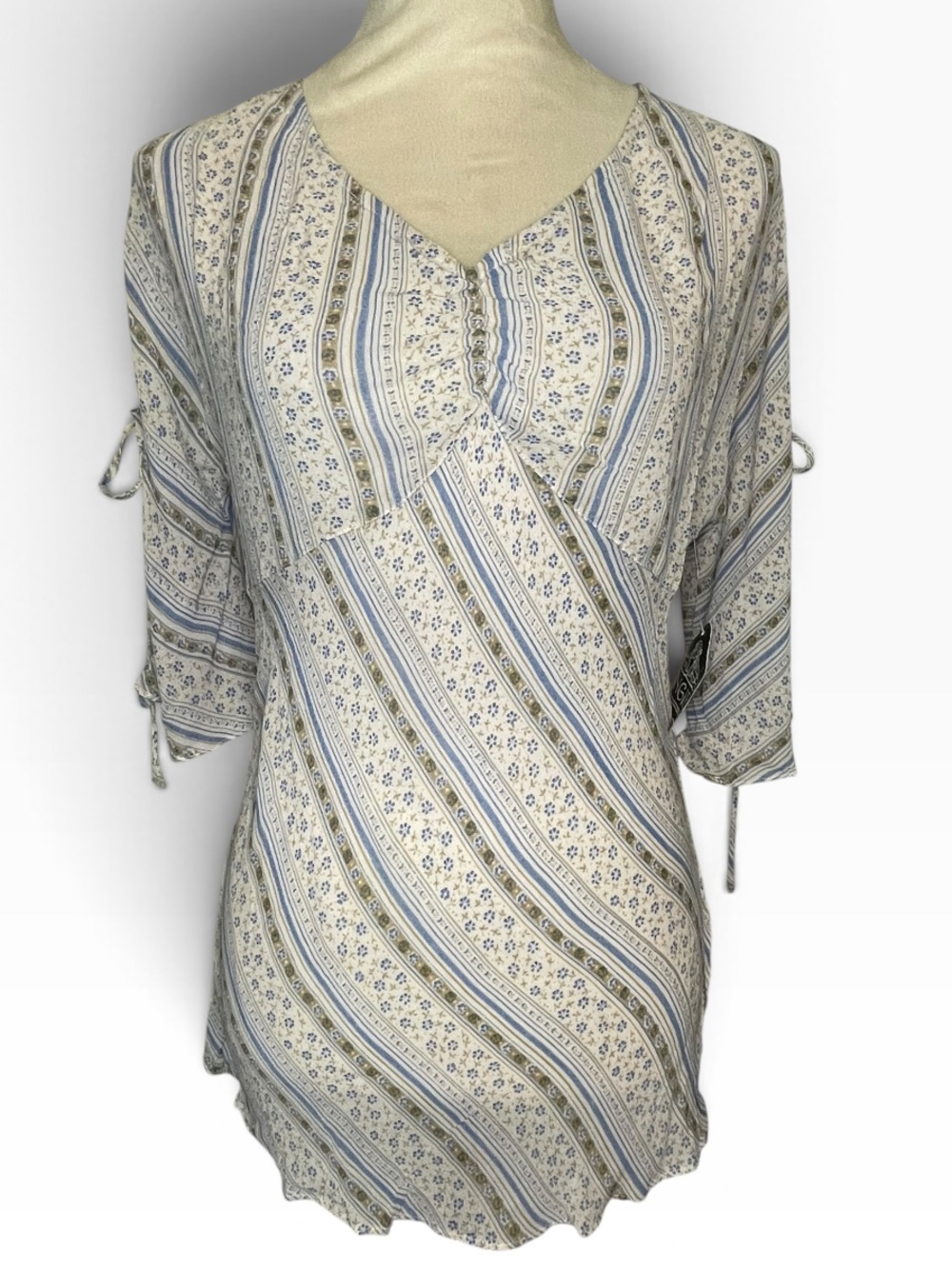 Y2k Angie Blue Tan Floral Striped Tunic Top Blouse V-Neck Tie Sleeve-NWT